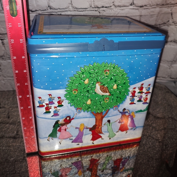 1999 Partridge In A Pear Tree Latching Flip Top Popcorn Tin Olive Can Company - Picture 10 of 11